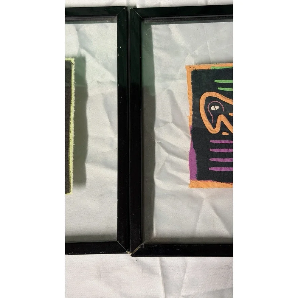 Pair Framed Textile Art Panels Hand Stitched Fabric Folk Style Wall‎ Decor